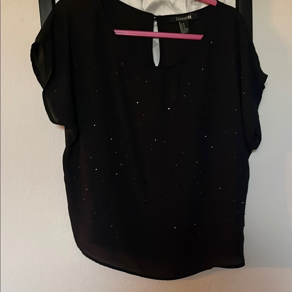 Forever 21 Black Embellished Boxy Short Sleeve Blouse